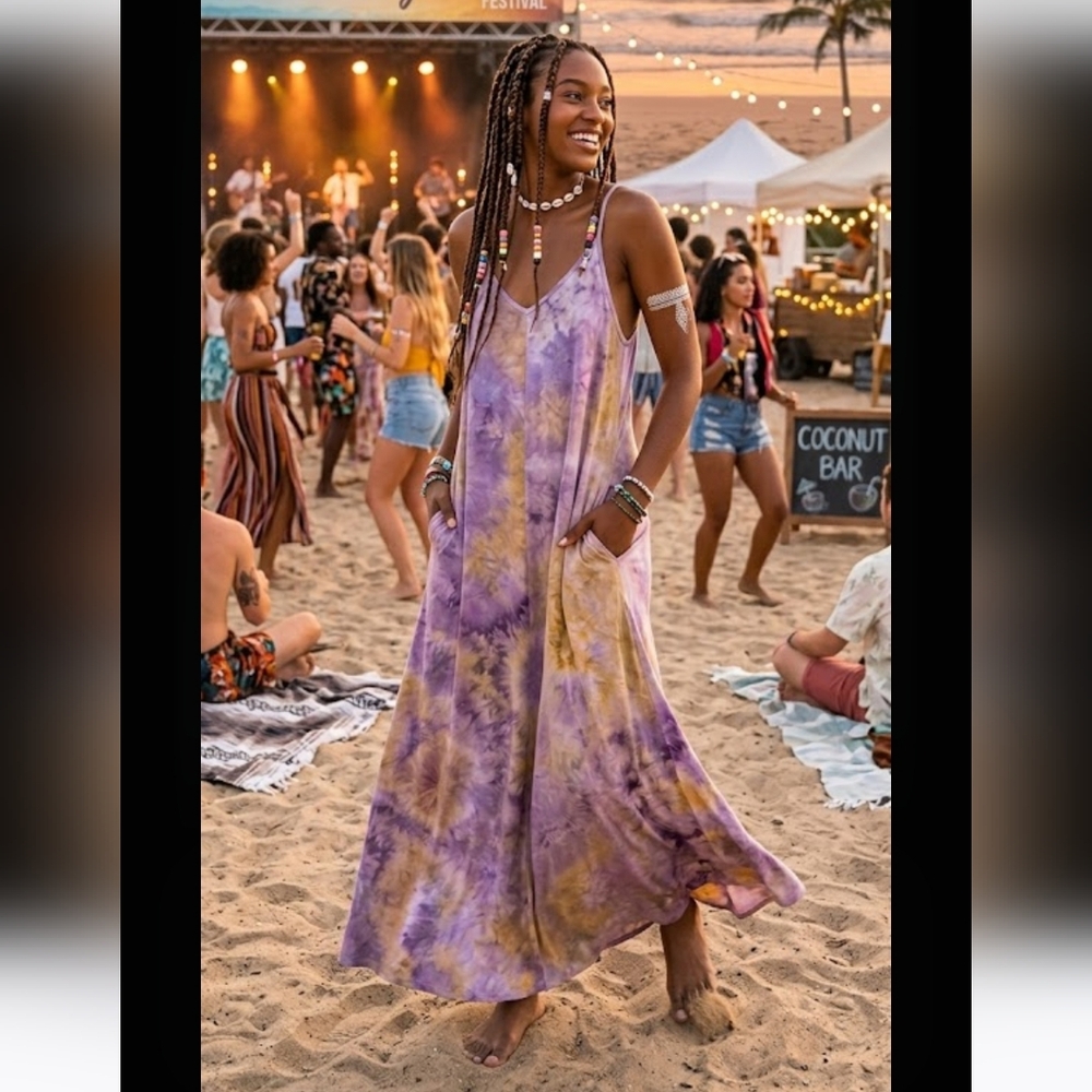 Bohemian Tie-Dye Maxi Dress - Purple & Gold